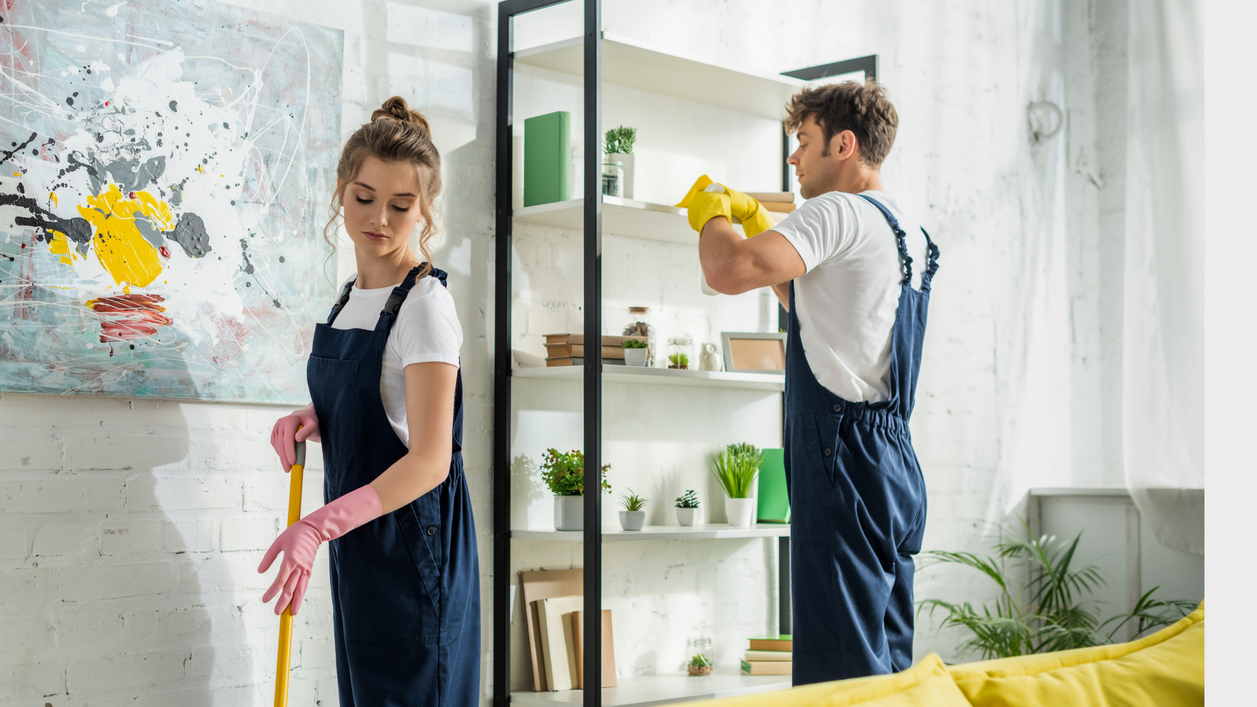 A man and a woman are cleaning a bright, modern room. The woman, wearing pink gloves, is mopping the floor, while the man, wearing yellow gloves, is arranging items on a shelf. They are both dressed in blue overalls and appear focused on their tasks. The room has plants and a colorful abstract painting on the wall.